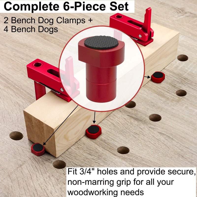 Bench Dog Clamp,3/4"(19mm) Bench Dog Hole Clamp for Woodworking, Adjustable Quick-Lock Bench Clamps for Woodworking, Non-Marring Pads, Long Handle Holdfast for MFT Table (6-Piece Set) Red