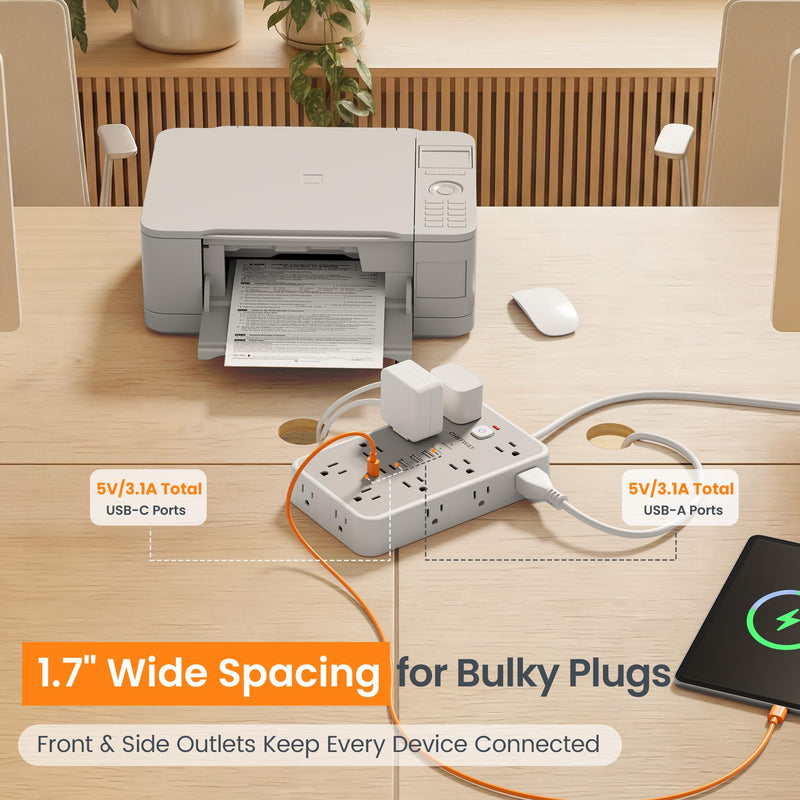 6 FT Surge Protector Power Strip with 6 USB, 16 Outlets, 2400J | 3 USB-A & 3 USB-C Ports, 1.7" Wide-Spaced Outlets, 1875W/15A, Flat Plug, 4-Sided Design for Home, Office, Dorm & Gaming White / Gray 6 FT