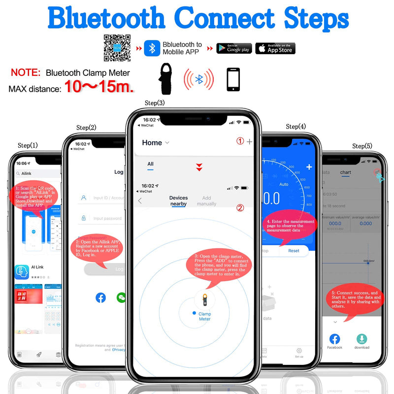 Digital Clamp Meter Bluetooth Clamp Multimeter ac dc amp Meter AP-7200APP Auto-ranging 6000 Counts Amp Meter Voltage Tester Measures Amperage, Volt, Capacitance, Continuity, Ohm Clamp-on Ammeter