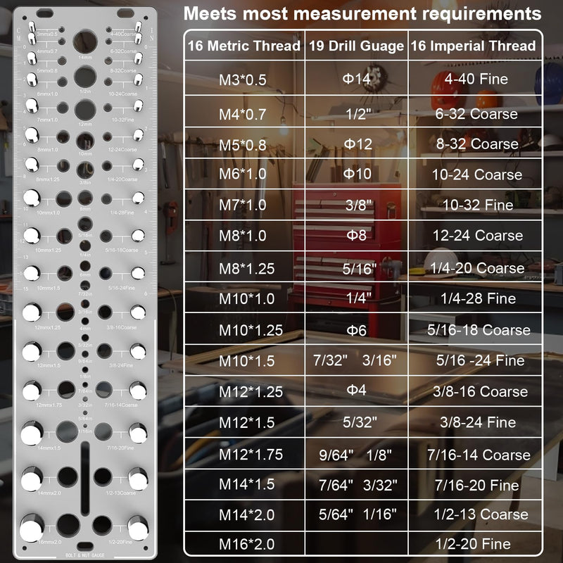 51-in-1 Bolt Size Finder & Thread Checker, 32 Metric & 32 SAE Nut and Bolt Thread Gauge with 19 Drill Bit Checker, CNC-Machined Aluminum Screw Size Chart, Go/No-Go ANSI Standard, Non-Slip Base