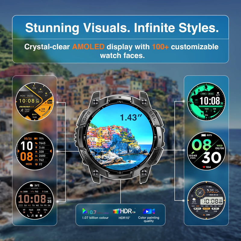 Military Smart Watches for Men, Built-in GPS & Compass, 30-Day Standby | 1.43" AMOLED Rugged Outdoor with LED Flashlight, Barometric Altimeter, 170+ Sports Modes, Compatible with Android & iPhone Black