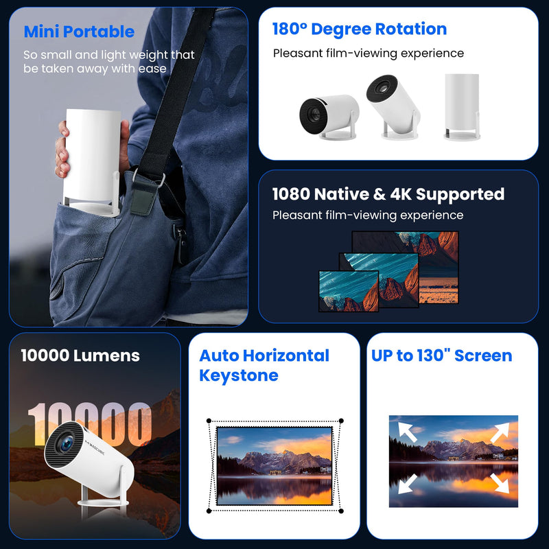 [Auto Keystone]HY300Pro Portable Mini Projector with Wi-Fi Bluetooth USB HDMI, Full HD 1080P 4K Support, Built-in Android Netflix & YouTube Ready, Home movie theater, Kids Gift,Phone & PC Mirroring