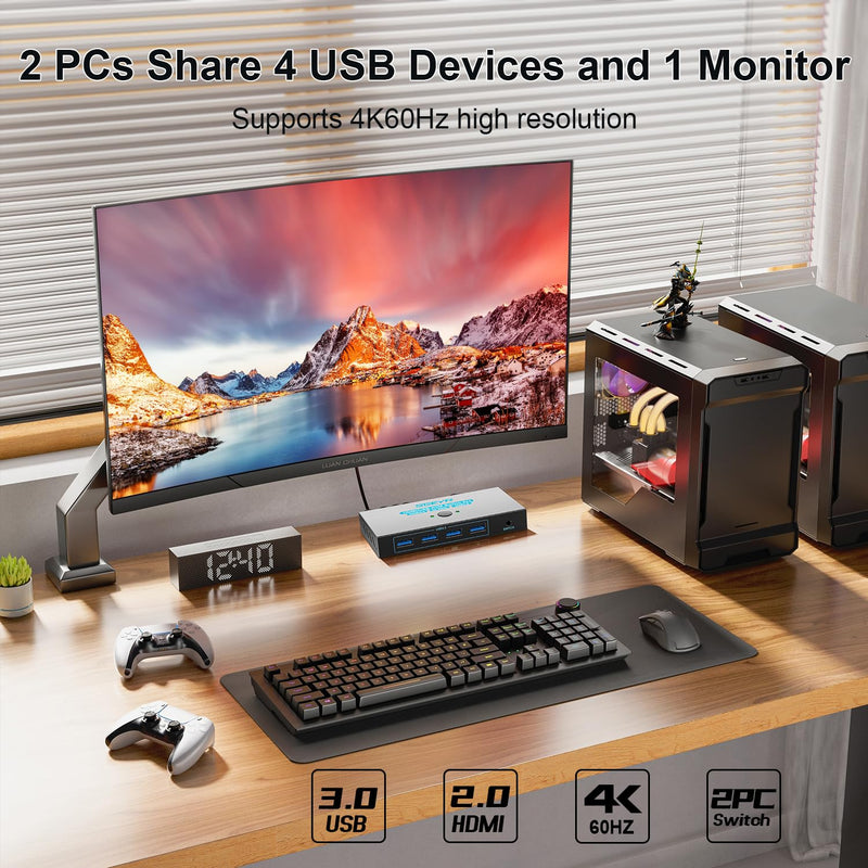 SGEYR USB 3.0 HDMI KVM Switch 1 Monitors 2 Computers,KVM Switch 2 Port HDMI 4K@60HzKVM Switches for 2 Computers Sharing Monitor Keyboard Mouse Hard Drives Printer, 2USB Cable and Controller