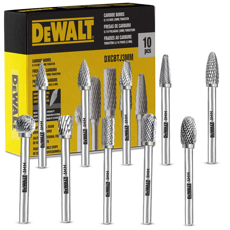10 Pack DEWALT Tungsten Carbide Burrs Size 3MM with 1/8" Shank for Tough Metalworking (DXCBTJ3MM)