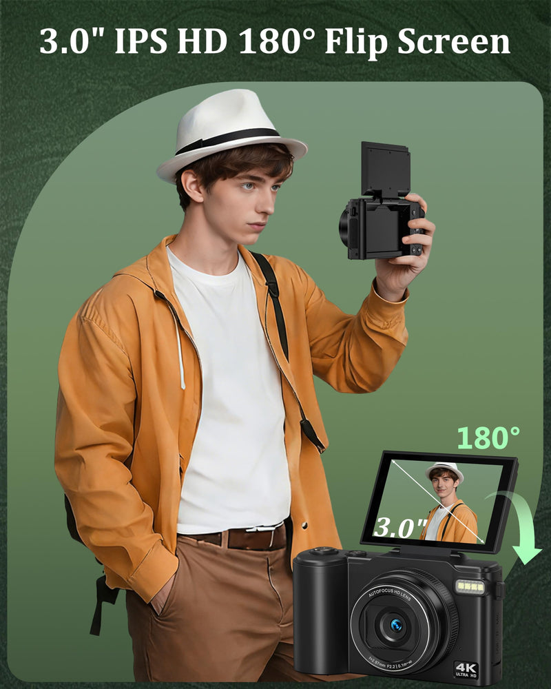 4K Digital Camera for Photography, 64MP Vlogging Camera for YouTube with 180° Flip Screen, 18X Zoom UHD Autofocus Video Camara, Compact with Micro SD Card for Teens, Boys & Girls, Beginners Black