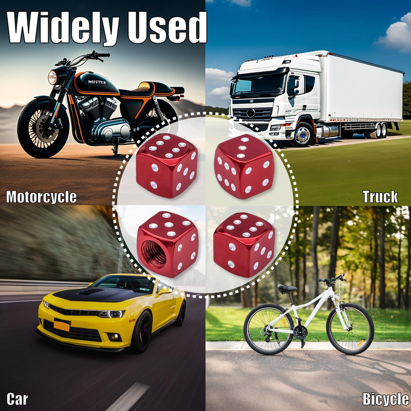 4PCS Dice Style Tire Valve Stem Caps, with O Rubber Ring, Universal Aluminium Alloy Dustproof Tire Valve Stem Covers for Cars, SUV, Trucks, Bikes, Motorcycles, Bicycles(Red) 4 pcs Dice-Red