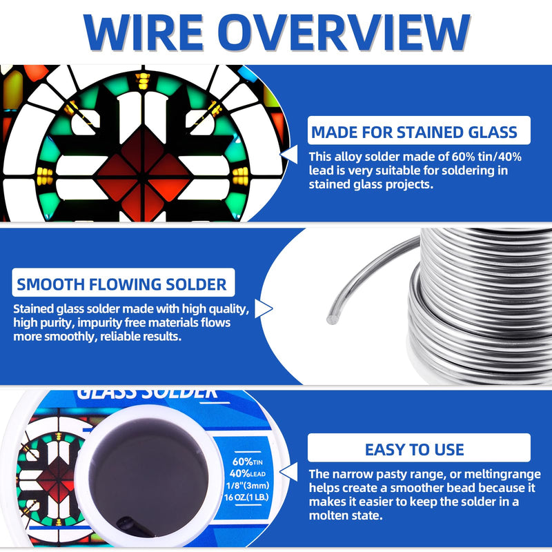 60/40 solder for stained glass,Industrial grade Solder for Glass Artisans,Dia 3mm (0.125") 1LB(1) 1