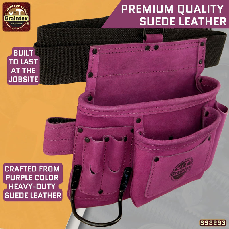 Graintex 5 Pocket Suede Leather Tool Belt/Bag | Purple | Multipurpose Leather Tool Belt for Women and Men | Construction, Electrician, Handymen, Carpenter, Gardening Pouch and DIY Projects