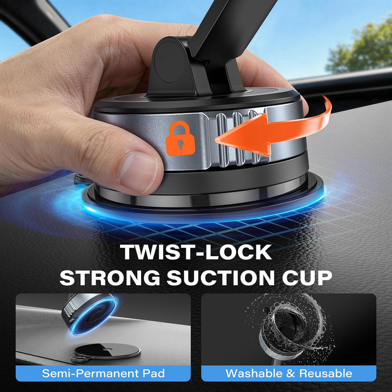 APPS2Car CarPlay Screen Mount for Dashboard & Windshield, Twist-Lock Suction Cup with Dual-Axis Adjustable Arm, Tool-Free Installation, Compatible with 7-11" Portable CarPlay Screens, Dash Cams & GPS