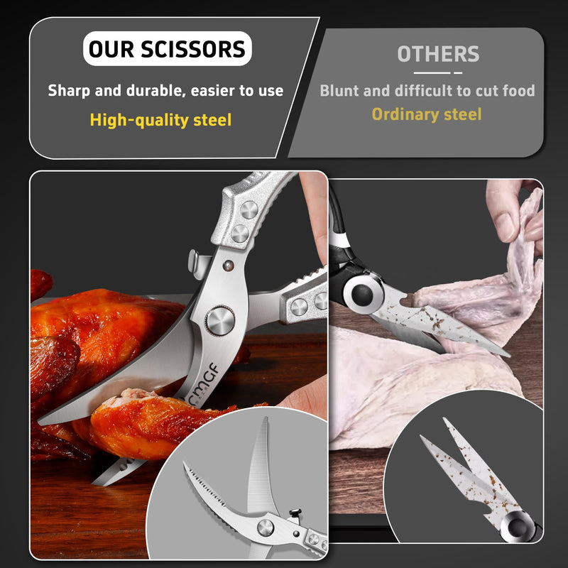 Poultry Shears, Kitchen Scissors for Food, All Purpose Heavy Duty for Chicken Wing/Thigh/Bone, Meat, Quail, Fish, Turkey, Vegetables, Stainless Steel Cooking Aid Scissors, Dishwasher Safe Silver Kitchen Shear