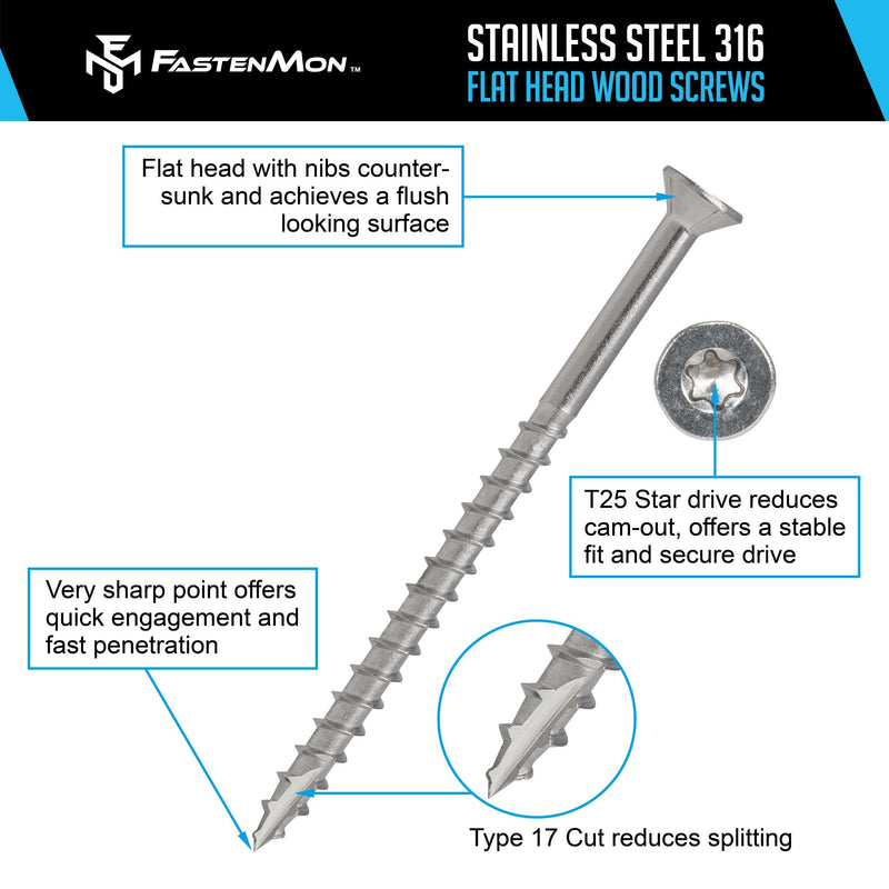 FastenMon #10 x 2-1/2" Marine Grade Type 316 Stainless Steel Wood Screws - 100 Pack with T25 Bit – Torx Flat Head Type 17 Point Ideal for Decks, Fences, and Coastal Construction 100 PCS
