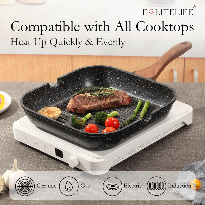 ESLITE LIFE Nonstick Grill Pan for Stove Tops, Versatile Griddle with Pour Spouts, 9.5 Inch Square Big Grilling Skillet Steak Pan for Indoor & Outdoor Cooking, PTFE & PFOA Free, Black 9.5" w/No Accessories