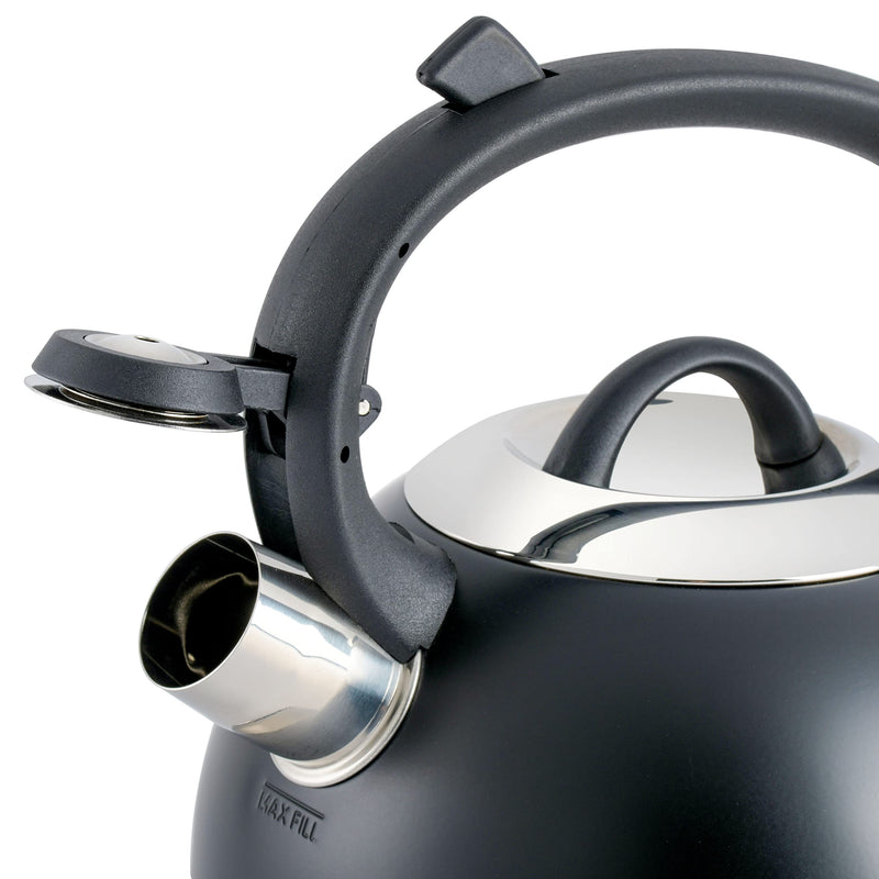 Mr. Coffee Flintshire 1.75-Quart Stainless Steel Whistling Tea Kettle with Nylon Handle – Matte Black Stove-Top Kettle for Boiling Water 1.8 Quarts