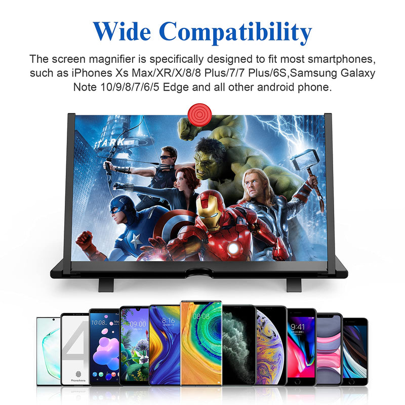 12" Screen Magnifier,3D HD Mobile Phone Magnifier Projector Screen Enlarger for Movies, Videos, and Gaming,Foldable Cell Phone Stand with Screen Amplifier,Supports All Smartphones (Black, 12inch) Black
