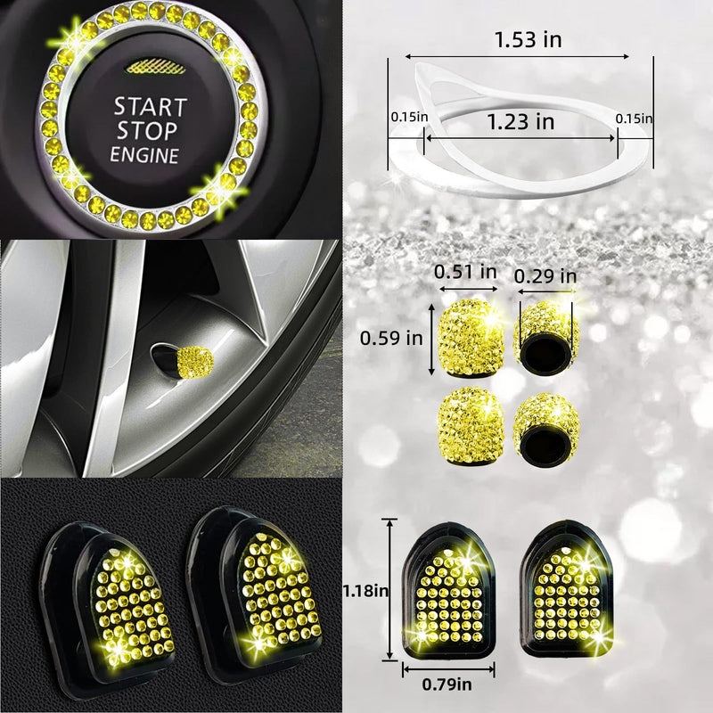 NBTEPEM 30 Pcs Yellow Bling Car Accessories Set for Women, Steering Wheel Cover Set, Bling Console Cover, Seat Belt Cushion, Shift Knob Cushion, Cup Holder Coaster, Rhinestone Car Hanging Accessories Yellow Diamond