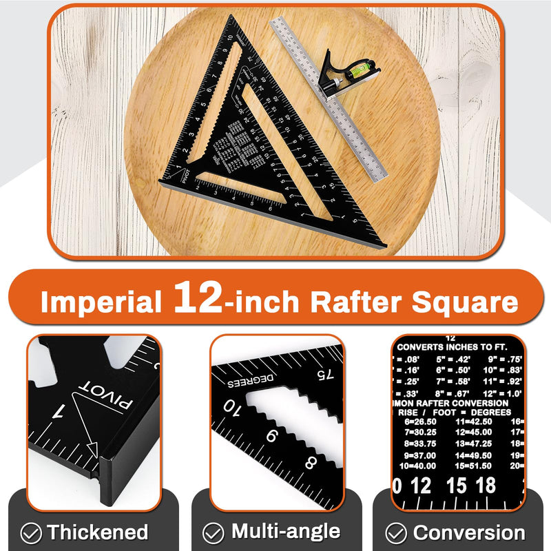 12" Advanced Rafter Square and Combination Square Set, 12 Inch Imperial Carpenter Square Woodworking Framing Square, Triangle Protractor Layout Ruler Tool