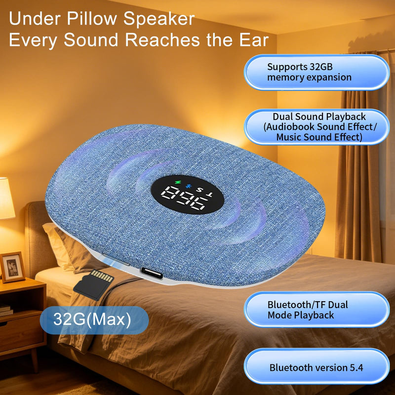 Hesond Under Pillow Speaker Dual Bone Conduction Stereo Bluetooth Wireless Music Portable Sleep Sound Sleep Speaker with LED Display White Noise Timer for Side Sleepers Supports TF Card (Blue) Blue