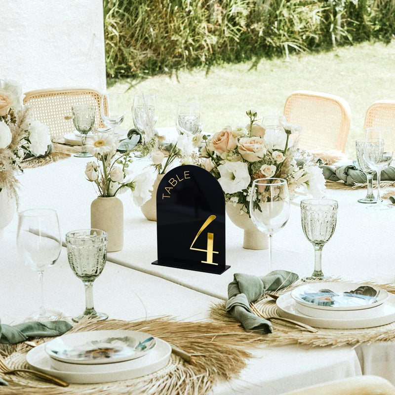Black Arch Wedding Table Numbers 1-15 with Stand, 15 Pack 5x7 Inch Black Arch Acrylic Sign with Gold Number, Black and Gold Acrylic Table Numbers for Wedding Reception(Black and Gold) Table Number 1-15, 5"x7"