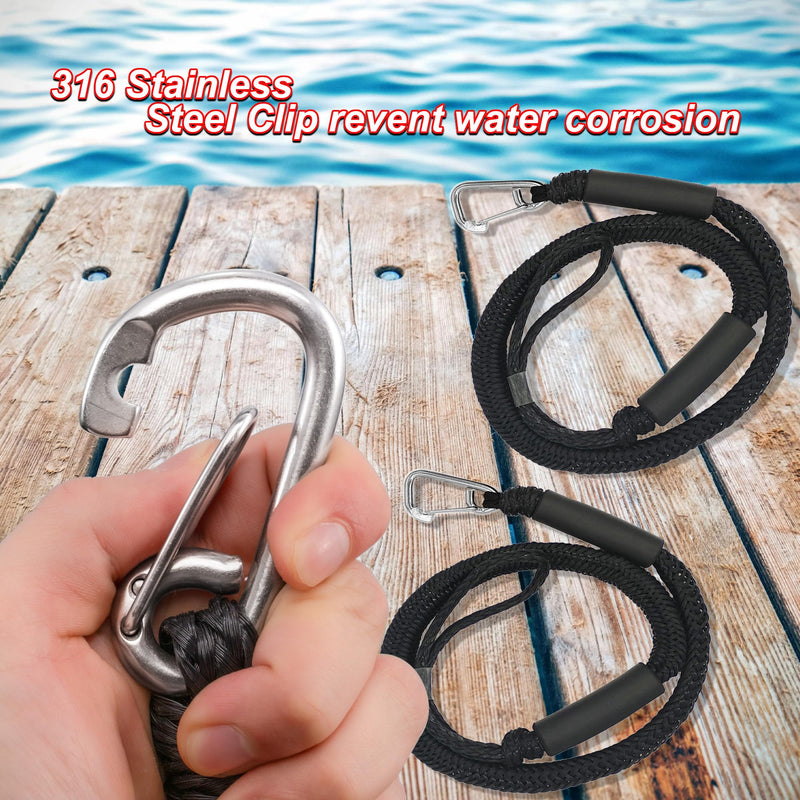 Bungee Boat Mooring Lines, 2FT,Bungee Cords with Hooks 1800LB Breaking Strength, for ATV, Boat and Pickup Truck BLACK