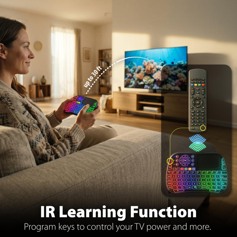 Fosmon Mini Keyboard with Touchpad Mouse, 2.4G & 5.2 Dual-Mode Multimedia Hotkeys, Small Wireless Bluetooth Handheld Keyboard with RGB Backlit for Android TV Box, Smart TV, Raspberry Pi, PC, Phone