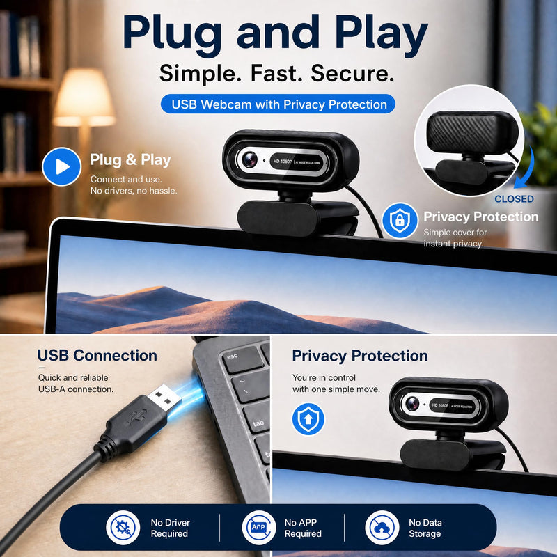 1080P Webcam for PC,90°FOV Web Camera with Noise-Canceling Microphone, USB Plug-and-Play Computer Camera, 30FPS &Privacy Cover Web Cam for Online Calling/Conferencing, Laptop/PC