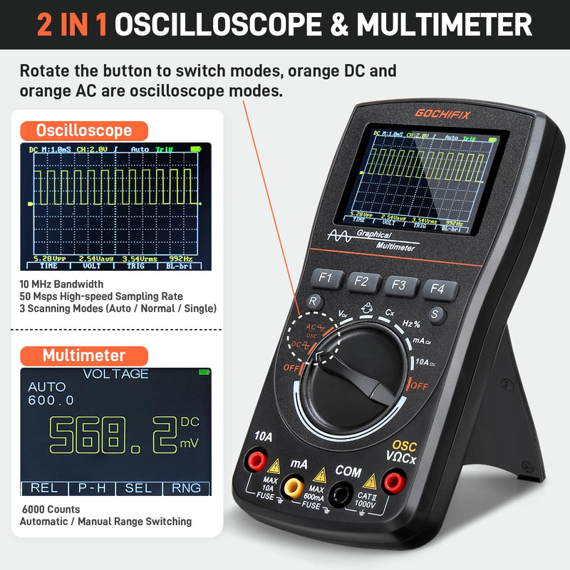 Handheld Oscilloscope Multimeter, GOCHIFIX 2 in 1 Portable Digital Oscilloscope Multimeter 10Mhz Bandwidth, 50MSa/s Sampling Rate, 6000 Counts, Automotive Multimeter Oscilloscope 10 Mhz