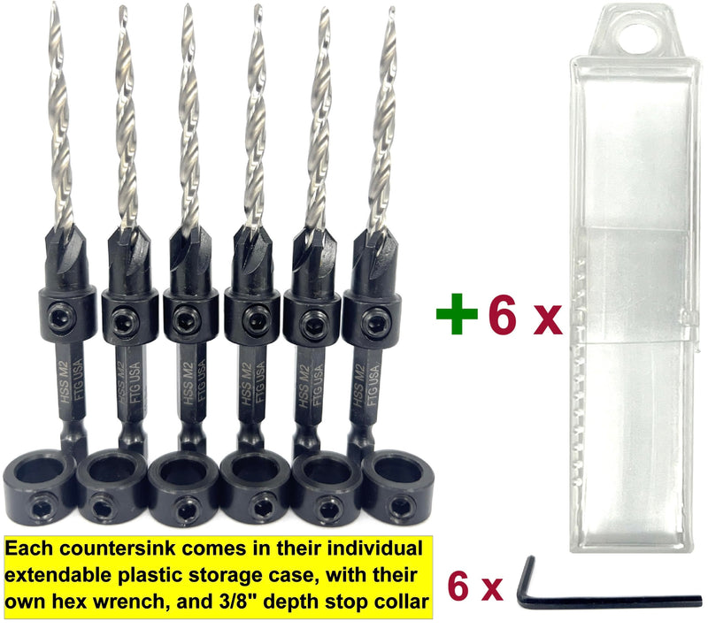FTG USA 6 Pc #8 (11/64") Countersink Drill Bit Set with Tapered Drill Bits | Includes 6 counter sink drill bit for wood, all same size. Each countersink comes with depth stop and hex key in storage case Same Sort 6 Pc