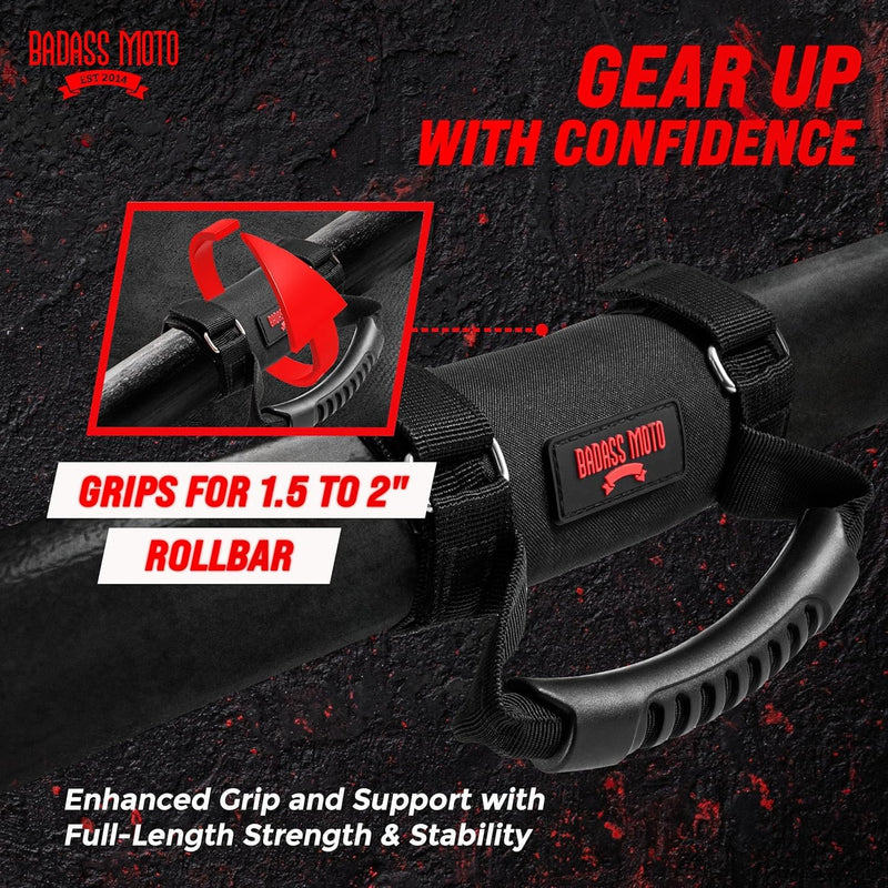 Badass Moto Roll Bar Grab Handles - SXS, ATV, & UTV Grab Handles Grips for 1.5 to 2" Rollbar - Black & Red Hand Grip Grabs with Stainless Steel Buckles for Honda, Teryx, Can-Am, Polaris, More - 2 pack Black 2-PK