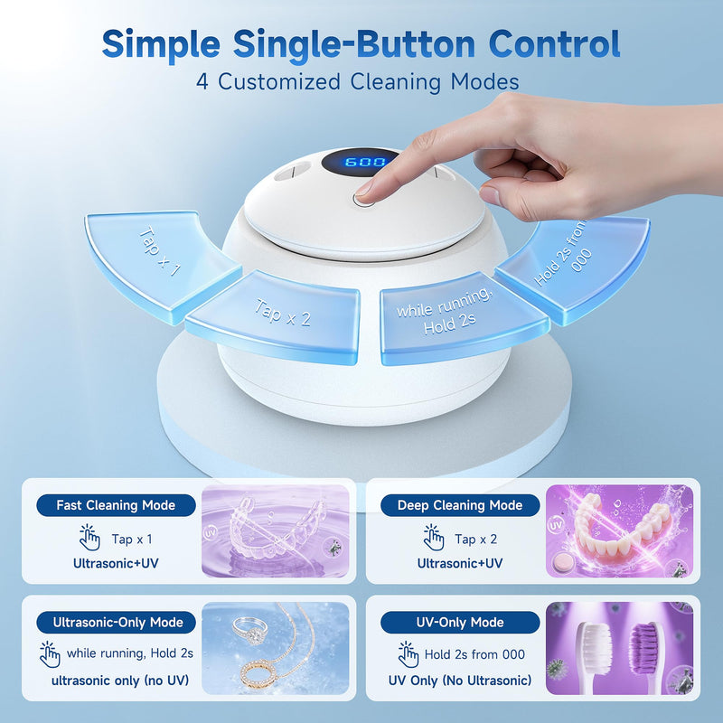 Ultrasonic Retainer Cleaner with UV Light - 45kHz Deep Cleaning Pod for Dentures, Aligners, Night Guards - Includes Cleaning Brush, 200ml Capacity (White) white