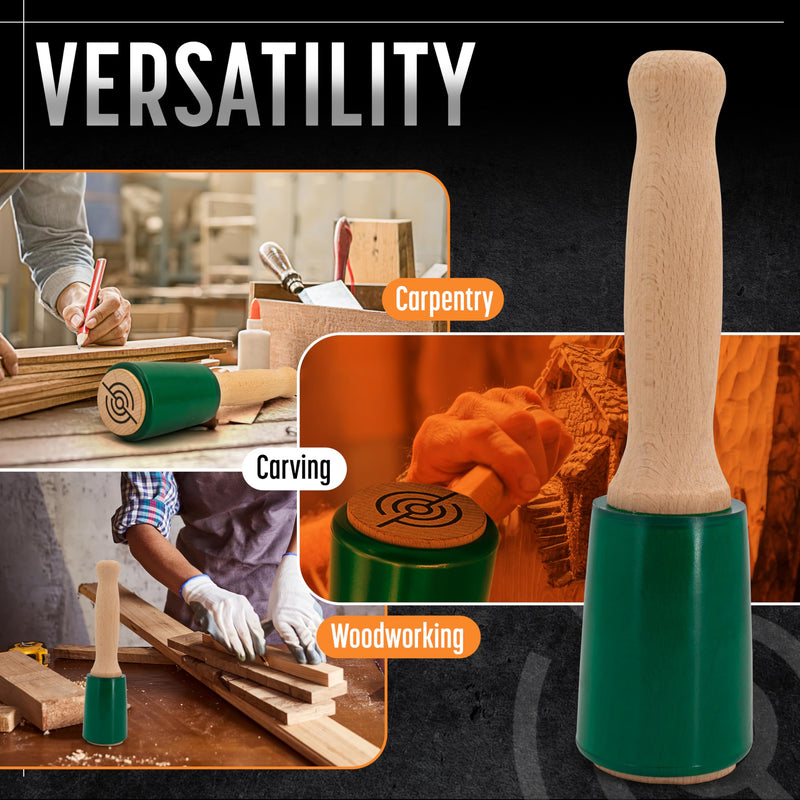 Precision Wood Carving Mallet 15oz for Woodworking, Comfortable Wooden Handle Reduces Hand Fatigue, Non-Marring Urethane Head Protects Tools, Chisel Hammer from Schaaf Tools Green Medium