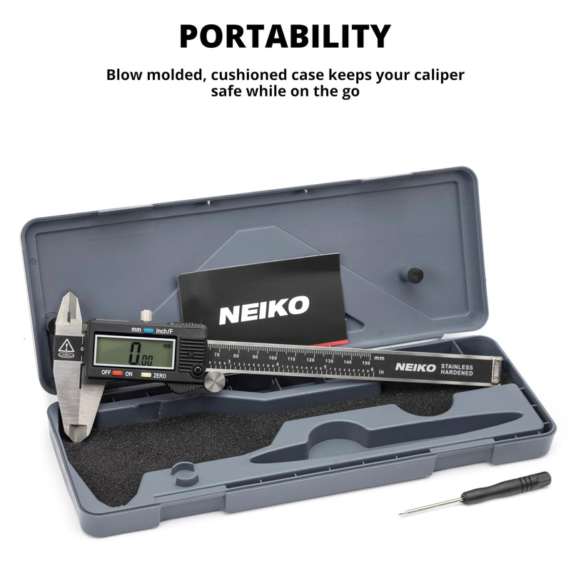 NEIKO 01407A Electronic Digital Caliper Measuring Tool, 0 - 6 Inches Stainless Steel Construction with Large LCD Screen Quick Change Button for Inch Fraction Millimeter Conversions, Digital Caliper Measuring Tool 6 Inch