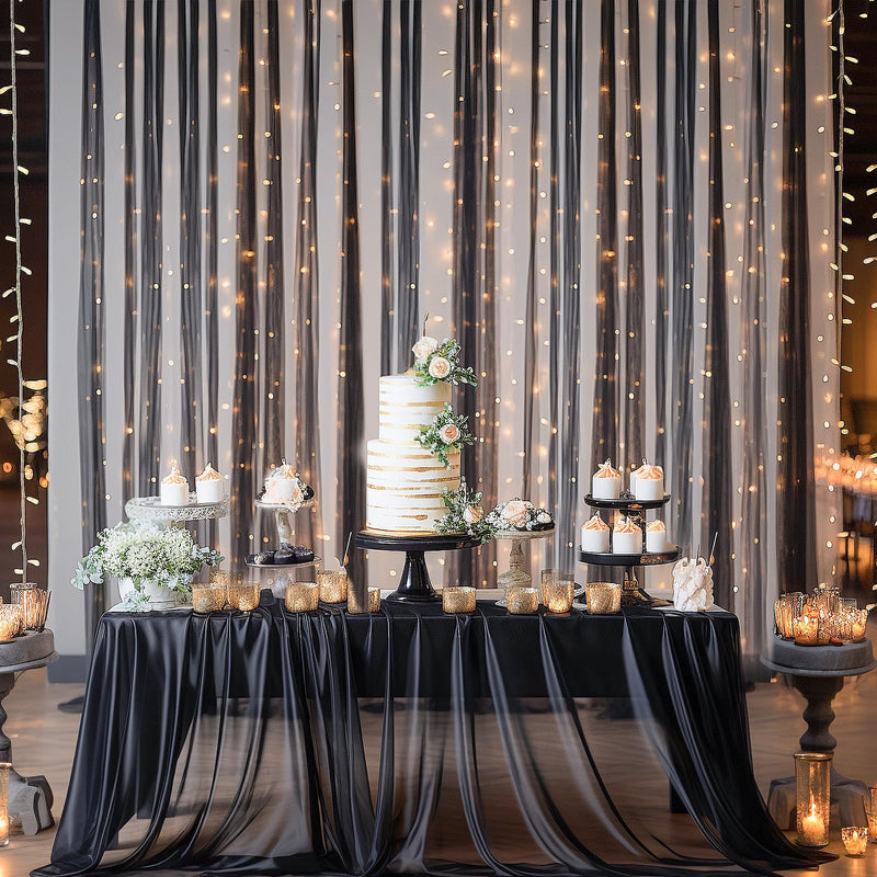 20×8ft Black Tulle Curtain Backdrop with Lights String for Parites, Sheer Backdrop Curtain Drapes for Wedding Photo Baby Shower Photography Birthday Party 20 ft X 8 ft(4 Panel-5ft X 8ft)