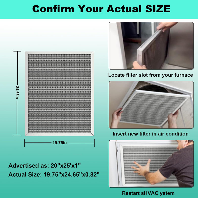 (2 Pack) 20x25x1 Reusable Air Filter, Washable Filter, Electrostatic, MERV 8, Lasts a Lifetime-HVAC AC Furnace Systems Air Filter (Actual Size: 19.75x24.65x0.82Inch)