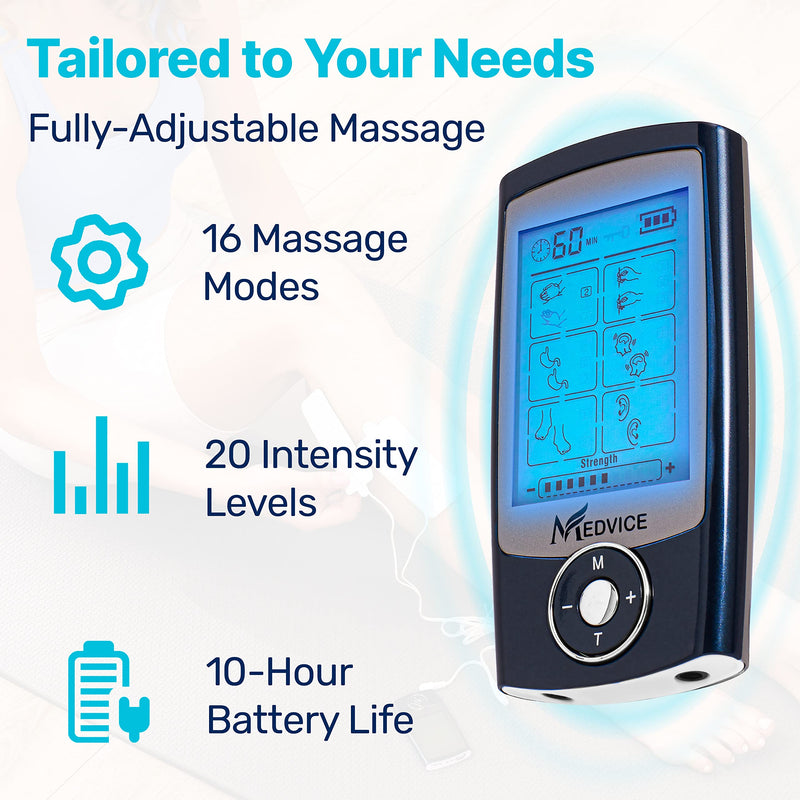 MEDVICE Dual Channel Rechargeable Tens Unit Muscle Stimulator - 2nd Gen 16 Modes & 8 Upgraded Pads for Natural Pain Relief & Management - FDA Cleared Electric Pulse Impulse Mini Massager Machine