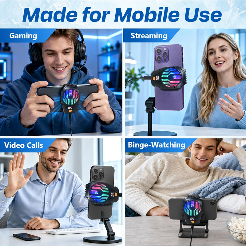 Clip-On Phone Cooler Semiconductor Cooling Fan - RGB Display Three-Speed Gaming Cell Phone Cooler Radiator for Mobile Cooling Pad Live Broadcasting Vlog Video Call