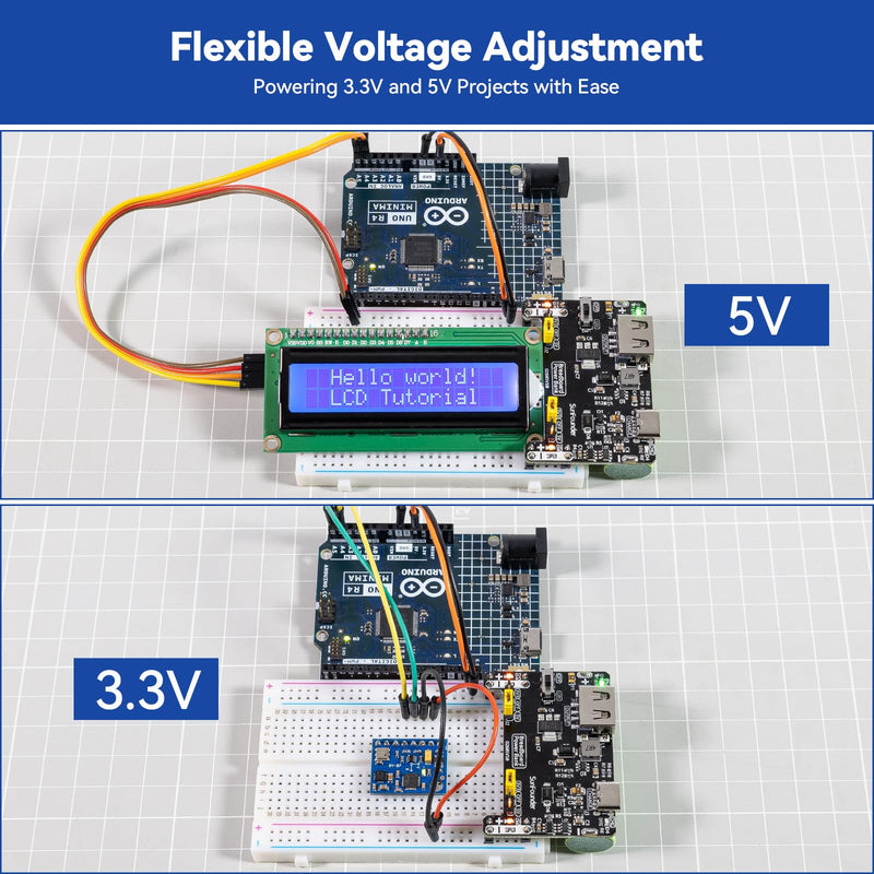 SunFounder BreadVolt Breadboard Power Supply Module Built-in Rechargeble Battery Compatible with Arduino, Raspberry Pi, Pico W, ESP32, 5V/1.5A, 3.3V/1A, USB Output (Breadboard NOT Included)