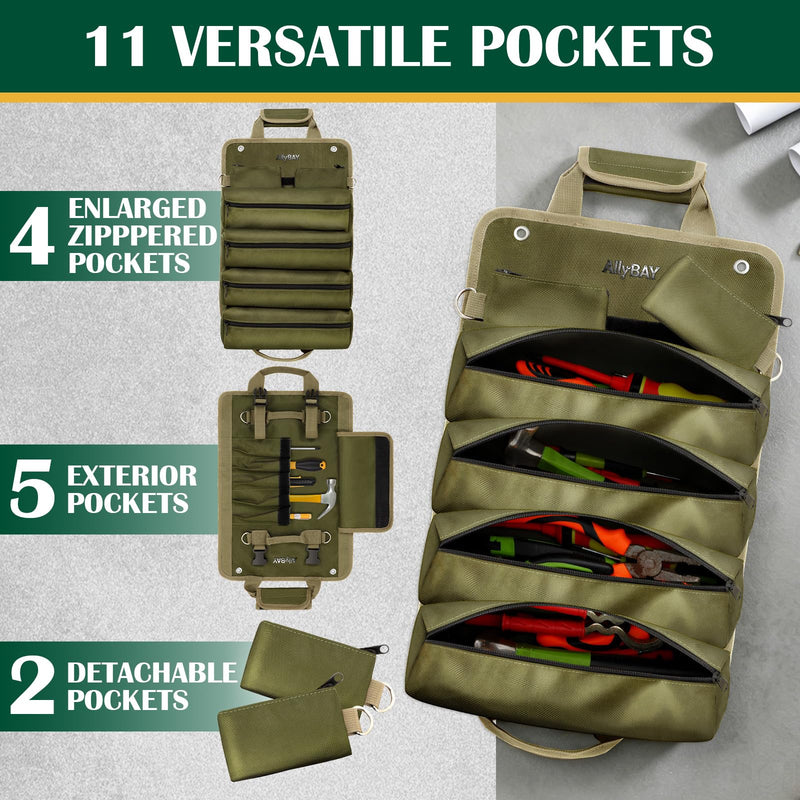 Tool Roll Up Bag Organizer, Heavy Duty Waterproof Tool Roll Bag with Detachable Pouches, Portable Tool Organizer for Mechanic, Electrician, Car Truck Motorcycle Tool Storage, Green