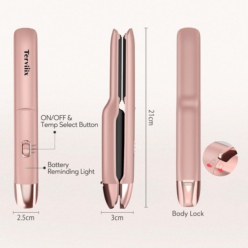 Terviiix Portable Cordless Hair Straighteners, Mini Flat Iron for Travel, 190°C-220°C, Rechargeable Mini Hair Straighteners & Curler 2 in 1 with Argan Oil Infused, 4500mAh Battery, 40s Fast Heat Up