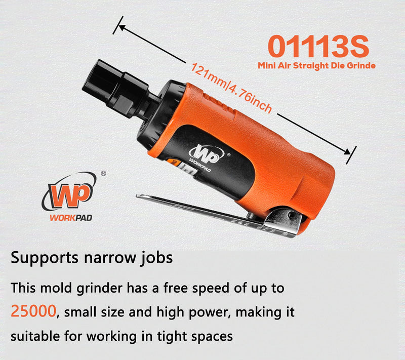 WORKPAD Mini Air Straight Die Grinder with 10-Pieces Air Die Grinder Stone Set，25000 RPM, Mini Pneumatic Tools, Equipped with 1/4-inch, 1/8-inch collets and 2 wrenches