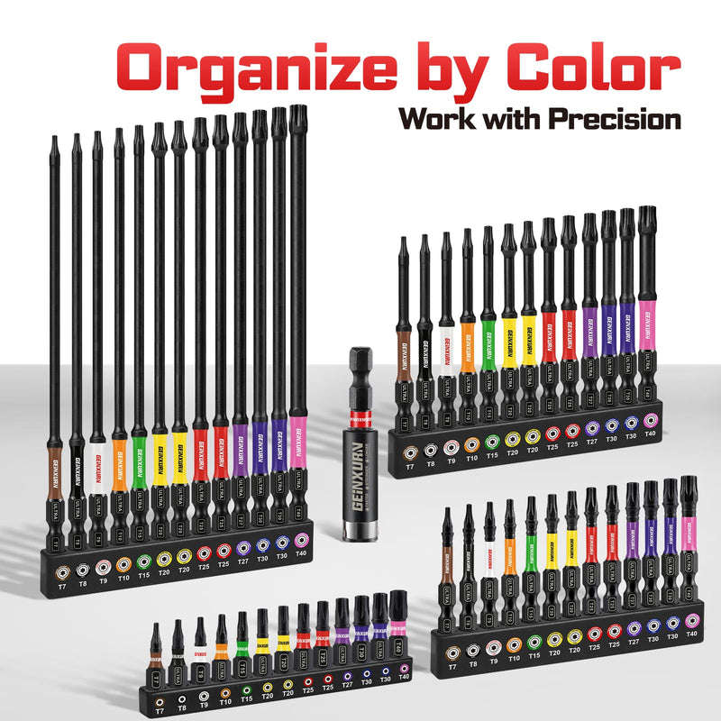 Impact Torx Screwdriver Bits Set, 52Pcs Magnetic(T7-T40) S2 Steel 1”/2”/3”/6” Long Extension Multi Star Driver Bits and 1Pc Bit Holder with Color Coded Base 53pcs-Mix-T