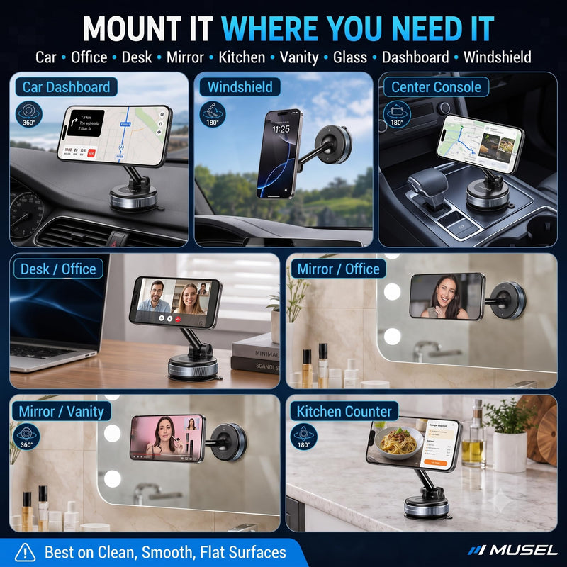 MUSEL Magnetic Car Phone Holder for MagSafe, Vacuum Mount for iPhone 17-12 | 88 lb suction hold, 2600 gf magnetic force, 22 N55 magnets, 360 degree rotation, bottom plate and ring included, dash mount