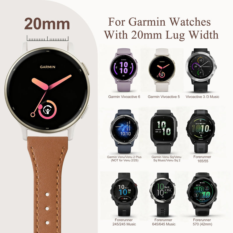 20mm Leather Watch Band Compatible with Garmin Vivoactive 5 Watch Bands, Vivoactive 6/3/Forerunner 165/55/245/645, Quick Release Genuine Slim Leather Strap for Venu Sq/Sq 2/Venu 2 Plus Women Brown 20mm