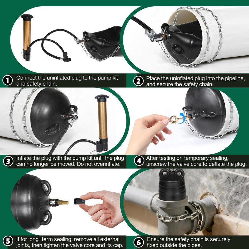 Upgraded 3PK Inflatable Pipe Plug Balloon Kit(2",3",4") with Fast Air Pump & Extension Hose, Rubber Sewer Test Balls with Safety Chain & Valve Tool for Plumbing Pressure Testing/Drain Blocking 2 Inch,3 Inch,4 Inch