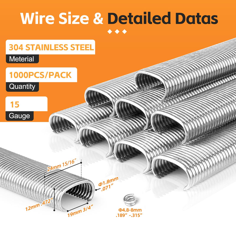 KIMSING SC7 15 Gauge 3/4'' Crown Stainless Steel C Ring Staples C-Rings Hog Rings, Wire Fencing Staples, Fasteners for Hog Ring Tool, C Ring Plier, 1000 PCS/Pack