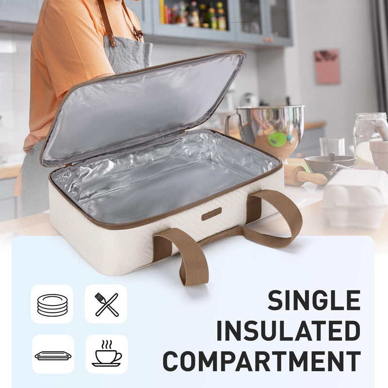 TOURIT Insulated Casserole Carrier for Hot or Cold Food Thermal Food Carrier for Picnic Cookouts Potluck Parties Fits 9" x 13" Baking Dish Beige Standard 16.93 x 11.02 x 4.72inch