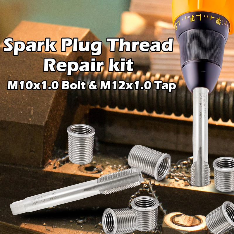 Spark Plug Thread Repair Kit, M10 x 1.0 Bolt, M12 x 1.0 Tap, Stainless Steel Spark Plug Helicoil Kit for Automotive Engine
