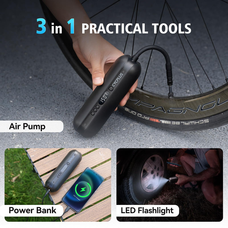 CYCPLUS Electric Air Compressor Portable Bicycle Pump Car Tire Inflator, Max 150 PSI, Auto Shut-Off Air Pump with Presta and Schrader Valves for All Bicycles Motorcycles and Cars Black