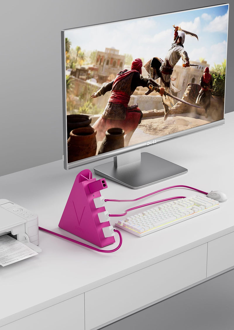 USB Hub 3.0, JoyReken 4-Port USB Splitter for Laptop, Ps4 Keyboard and Mouse Adapter Compatible with Xbox, PC, MacBook, Surface Pro, Flash Drive, HDD, Console, Printer, Camera,Keyborad,Mouse, Hot Pink 2ft Hot Pink USB A HUb