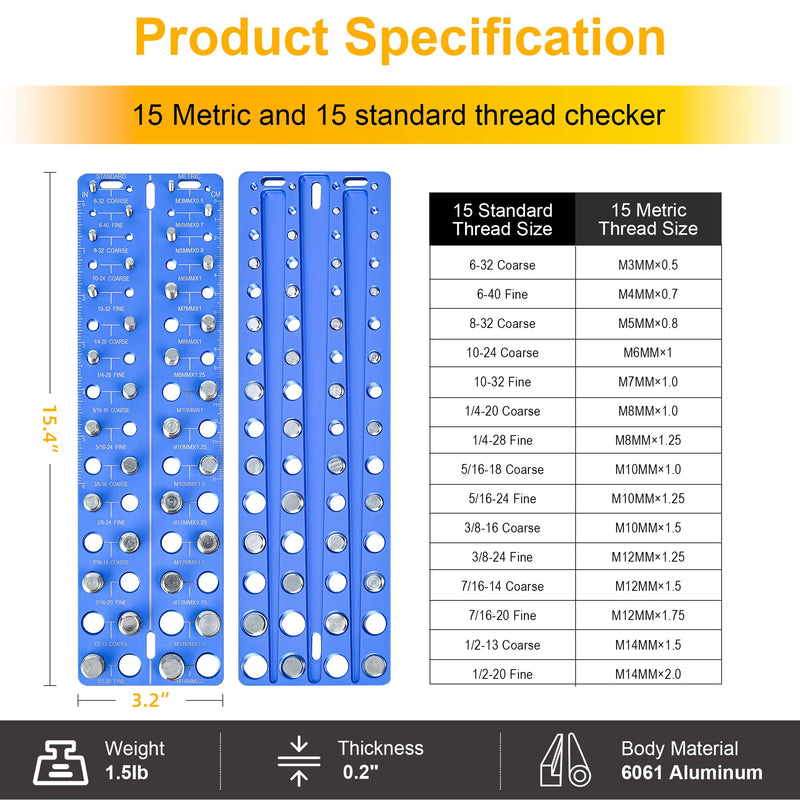 30-in-1 Nut & Bolt Thread Checker – Standard & Metric Thread Gauge Tool with 15 SAE & 15 Metric Sizes, Wall-Mountable Thread Identifier with Inch & CM Ruler