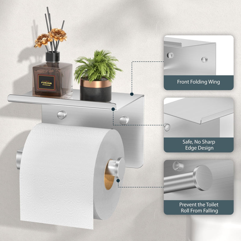 FORIOUS Toilet Paper Holder with Shelf, Adhesive or Screw Wall Mount Toilet Roll Holder for Bathroom, Rustproof 304 Stainless Steel Commercial Toilet Tissue Holder with Storage, Brushed Nickel 1